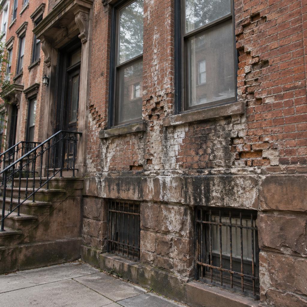 Brownstone Repointing before work by Basra Construction in Brooklyn